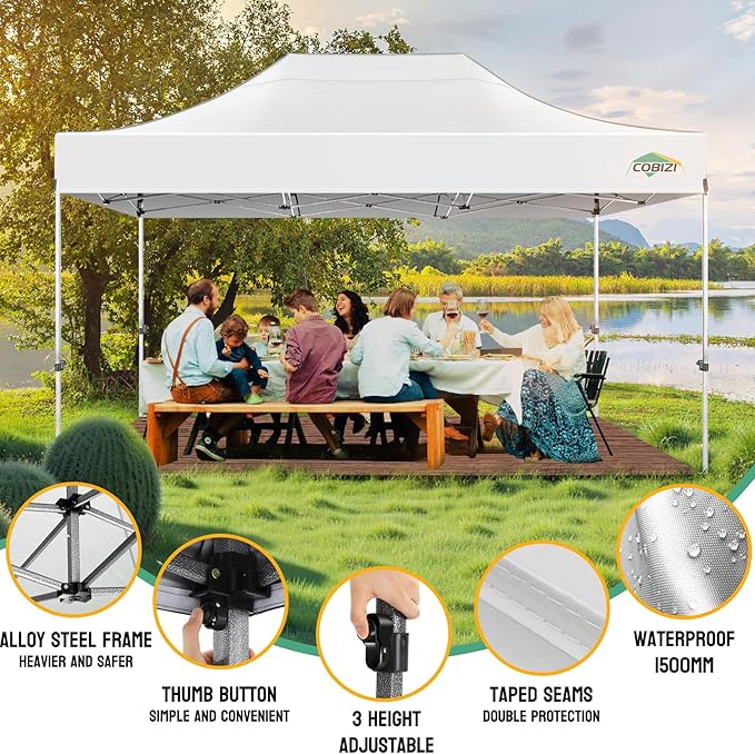 COBIZI 10x15 Pop up Canopy Tent Heavy Duty, Easy Set-up Commercial Outdoor Party Tent, 100% Waterproof Wedding Tents Gazebo, 3 Height Adjustable with Handbag, White