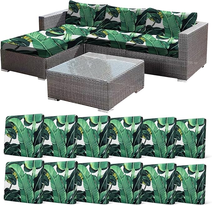 CALBODE 12 Pcs Stretch Outdoor Seat Cushion Covers, Washable Chair Seat Cover for Patio Furniture Cushions Soft Indoor and Outdoor Couch Cover Replacement (Monstera, Cover Only)