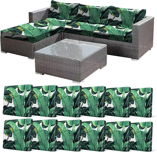 CALBODE 12 Pcs Stretch Outdoor Seat Cushion Covers, Washable Chair Seat Cover for Patio Furniture Cushions Soft Indoor and Outdoor Couch Cover Replacement (Monstera, Cover Only)