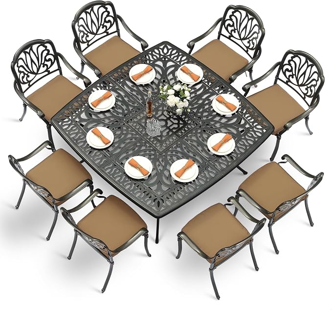 VIVIJASON 9-Piece Outdoor Furniture Dining Set for 8, All-Weather Cast Aluminum Patio Table and Chairs Set with 8 Cushioned Chairs, 64" Large Square Dining Table and Umbrella Hole for Deck Lawn, Khaki