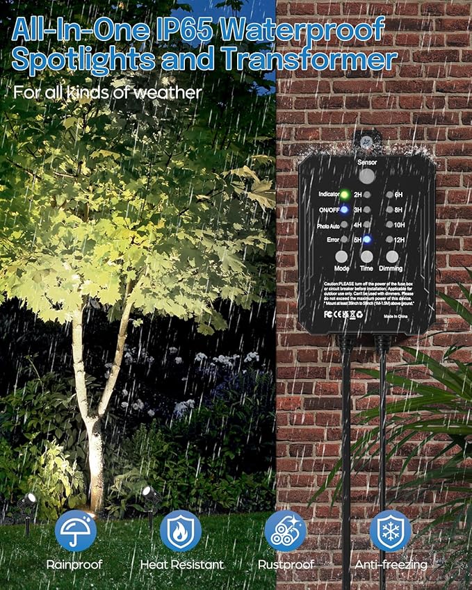 HIBOITEC Low Voltage Landscape Lighting with Transformer Photocell Sensor and Timer Spotlights Kit 52FT ETL Approved Wire Dimmable Waterproof 4000K for House Yard Trees Garden Plants Outdoor 6 Packs