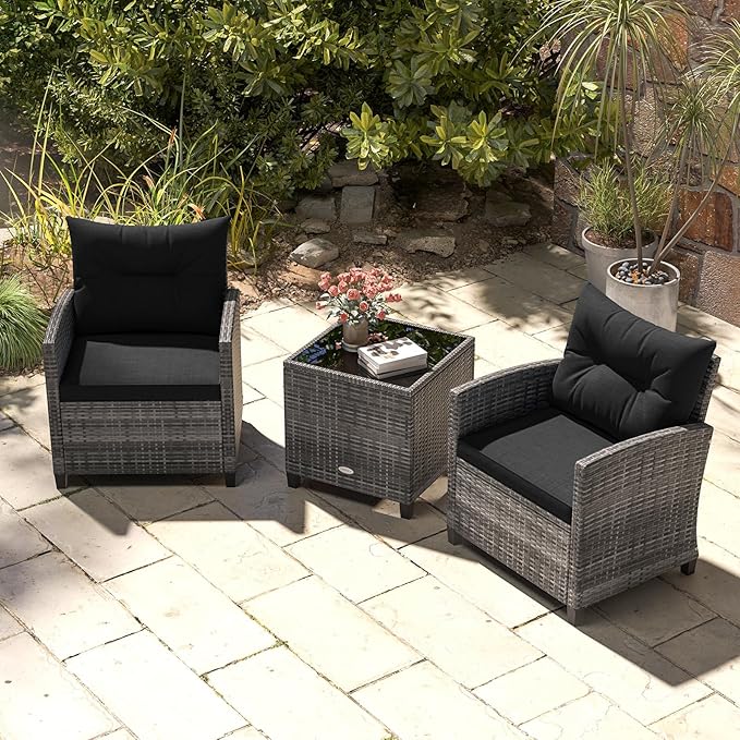 ORALNER Patio Furniture, 3 Pieces Outdoor Wicker Conversation Set Chairs with Soft Cushions and Glass Coffee Table, Rattan Bistro Set for Balcony Garden Deck Front Porch Poolside (Black)