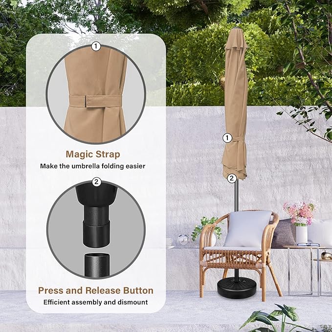 YSSOA 9' Patio Umbrella with 50lbs 20" Capacity Fillable Heavy Duty Round Base, 8 Sturdy Ribs, for Outdoor Lawn, Deck, Poolside, Tan and Black