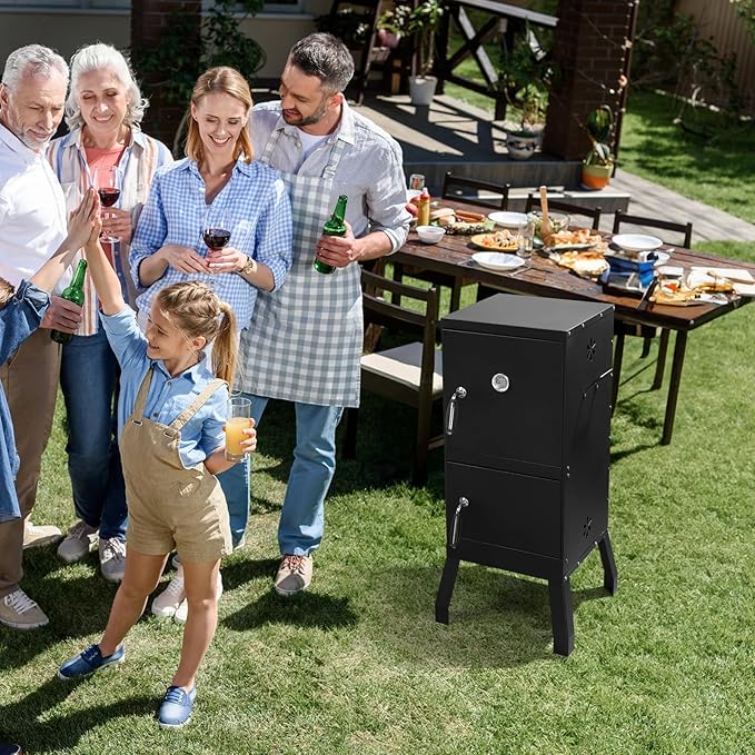 40" Vertical Steel Charcoal Smoker Grill,Heavy Duty BBQ Grills,Outdoor Camping Backyard Barbecue Grill,Metal Barbecue Smokers,with Thermometer,for Patio Garden Beach Porch Lawn Yard (Black)