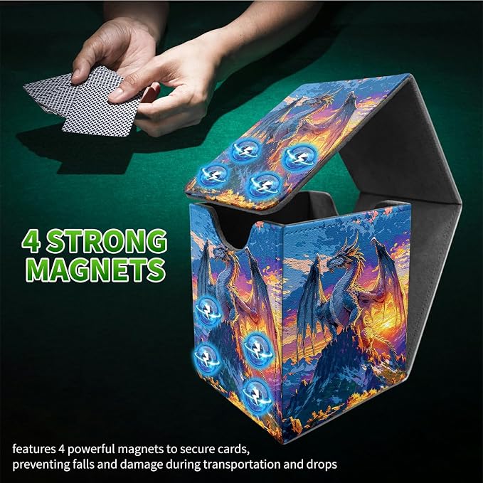 Mountain Sunset Dragon Card Deck Box for MTG, Personalized Card Storage Case Fits 120+ Sleeved Cards, Premium Leather TCG Box with Strong Magnetic Closure for Magic, PTCG, Baseball Cards
