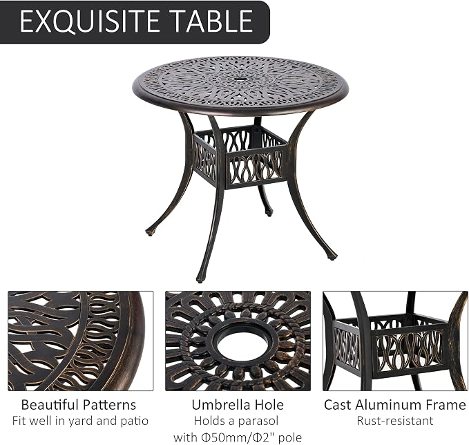 Outsunny 5 Pieces Outdoor Furniture Dining Set for 4, All-Weather Cast Aluminum Stackable Design Chairs and Round Patio Table with Umbrella Hole, for Backyard, Deck, Garden, Bronze