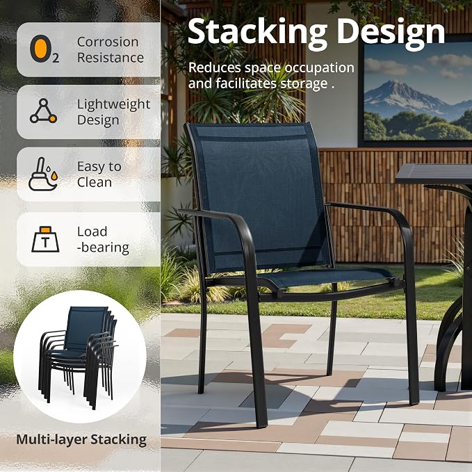 SUNCROWN 6 - Piece Outdoor Dining Set, Patio Furniture Set with 4 Textilene Dinning Chairs, 1 Steel Slat Metal Bistro Table and 1 Sky Blue 9Ft Patio Umbrella for Lawn Garden Backyard Deck, Blue
