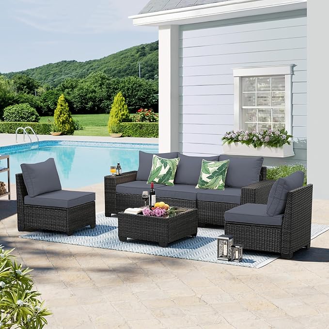 6 Pieces Patio Furniture Set, Wicker PE Rattan Outdoor Sectional with Cushion & Coffee Table, Patio Conversation Sofa for Garden, Backyard, Poolside, Grey