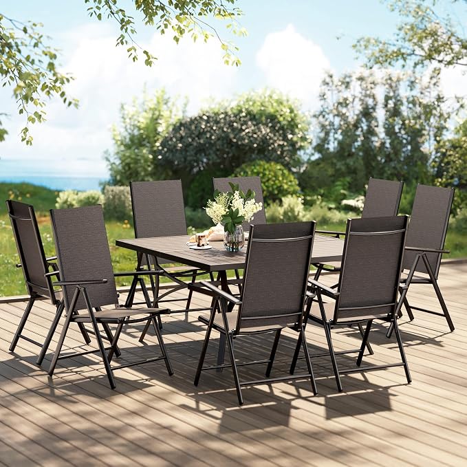 PHI VILLA Outdoor Dining Set for 8 w/Square Table & Folding Chairs, Black | Light-weight & space-saving, Breathable & quick-drying, Metal Table, Umbrella Hole, Weather-Resistant, Adjustable, Patio deck