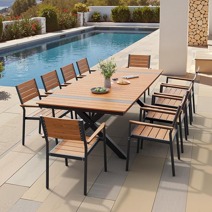 Pellebant 11 Piece Patio Table and Chairs Set, Aluminum Outdoor Dining Set with Umbrella Hole, 94" Dining Table & Stackable Chairs, Weather Resistant Teak Wood Grain Finish for Deck, Porch, Backyard