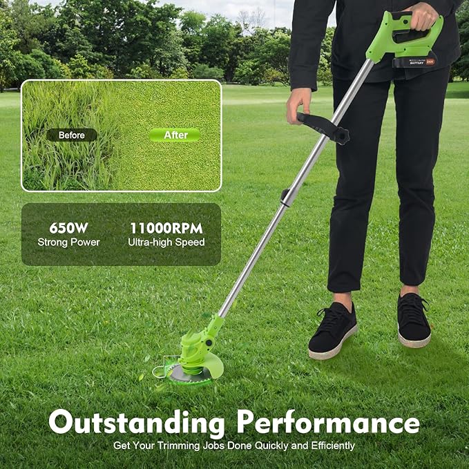 Cordless Grass Trimmer, 650W Electric Weed Wacker with 2 Batteries & Charger, 20-30 Min Runtime, Adjustable U-Shaped Handle, 90° Flip Head, Lightweight for Yard Lawn Garden Trimming, 34.64-49.21 Inch