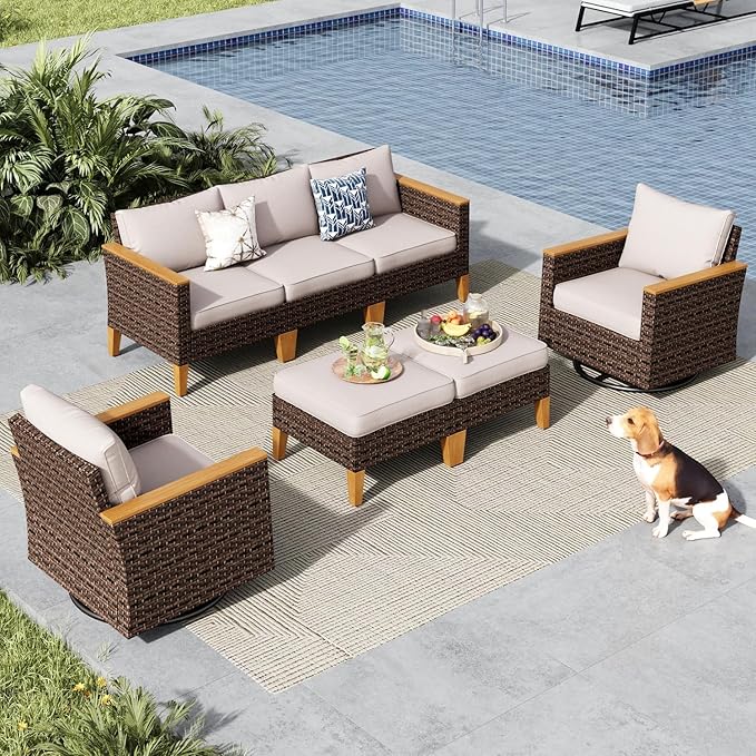 MFSTUDIO 7 Piece Wicker Patio Furniture Set, 2 x Swivel Chair, 2 x Ottoman, 3-Seat Sofa, All-Weather Outdoor PE Rattan Patio Conversation Set for Garden, Backyard(Beige Cushions)