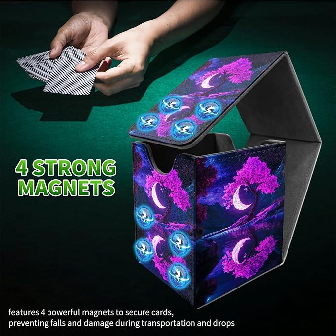 Purple Moon Tree Card Deck Box for MTG, Personalized Card Storage Case Fits 120+ Sleeved Cards, Premium Leather TCG Box with Strong Magnetic Closure for Magic, CCG, PTCG, Baseball Cards