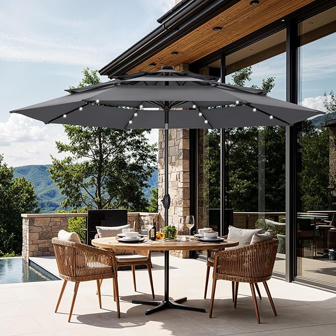 GREEN PARTY 10ft Patio Umbrella with Solar Lights, Auto-Tilt Lighted Market Table Umbrellas with Crank, 8 Sturdy Ribs & 1.5" Pole outdoor umbrellas for Patio Garden Deck Backyard Pool, Grey