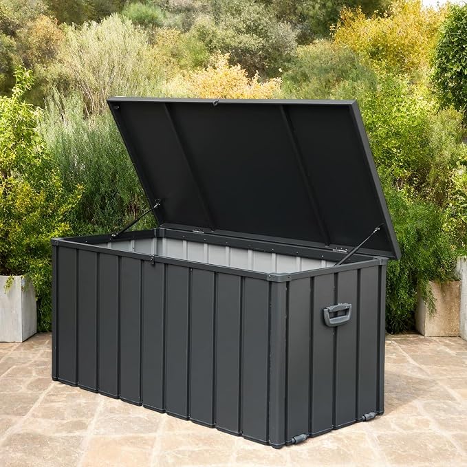 ChicFurnit Outdoor Storage Box, 200 Gallon Deck Box with Lockable Metal Lid & Portable Side Handles, Outdoor Storage Bin with Stable Support Rod, Soft Close Mechanism & Mobility Rollers, Dark Gray