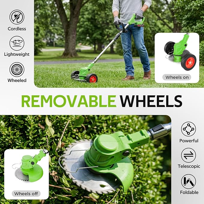 Electric Weed Wacker, Cordless Weed Eater Lightweight Grass Trimmer – 2x2.0Ah Batteries, 60-120 Min Runtime, 2 Types of Blades + Wheels for Garden & Yard Lawn