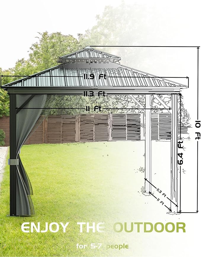 12x12 Gazebo Hardtop, Aluminum Frame Gazebos with Galvanized Steel Double Roof, Mosquito Net & Privacy Curtain,for Patio, Porch, Garden, Lawn, Deck, Backyard