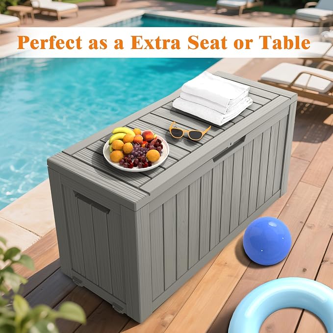 Outdoor Storage Box, 75 Gallon Waterproof Deck Boxes, Resin, Lockable Pool Deck Box for Garden Tools, Patio,Pool Accessories, Cushions, Large Delivery Boxes with Handle，Weatherproof & UV-Resistant