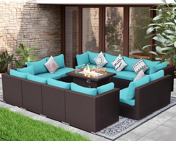 NICESOUL 13 Piece Patio Furniture w/Fireplace, Elegant Outdoor Seating w/Firepit, XL 29.3'' High Back Sectional Sofa, All-Weather Rattan Deck Couch, Modular Sturdy Conversation Set, Brown & Teal