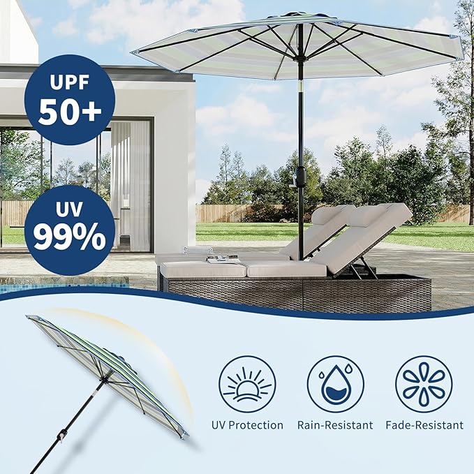 Garvee 10 ft Outdoor Patio Umbrella 8 Sturdy Ribs Outdoor Table Umbrella with Crank Lift & Push Button Tilt - UV Protection Waterproof Market Umbrellas for Pool, Deck, Yard, Garden, Tricolor Stripes