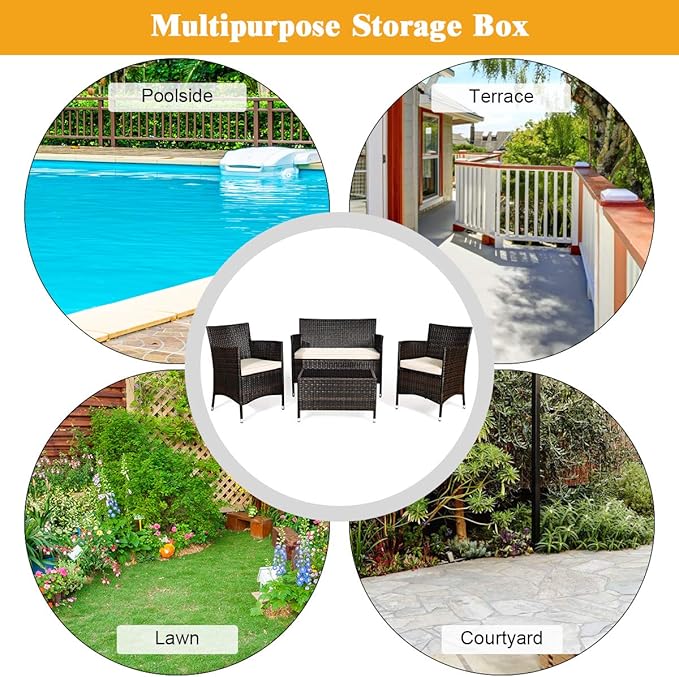 Tangkula 4-Piece Rattan Patio Furniture Set, w/Tempered Glass Coffee Table, Outdoor Sofa Table Set, w/Thick Cushion, Manual Weaving Conversation Set for Garden, Lawn, Poolside (1, Beige & Grey)