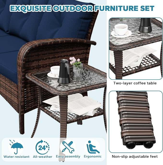 73" Patio 3-seat Sofa, Wicker Rattan Couch, Steel Frame Deep Seat Loveseat, Outdoor Conversation Furniture with Removable Cushions for Garden, Yard, Porch (Navy Blue)