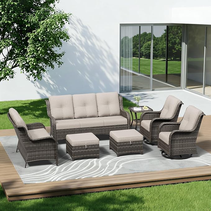 7 Piece Outdoor Wicker Patio Furniture Set, Outdoor Swivel Rocker Patio Chairs Set with Thickened Olefin Cushions, High Back and Deep Seating, Hand-Woven PE Rattan for Porch, Deck