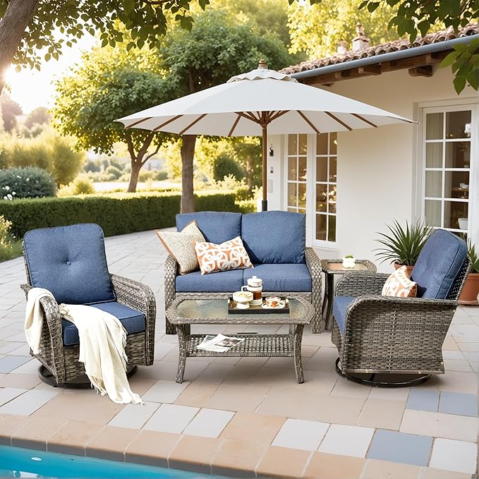 5 Pieces Outdoor Patio Furniture Set with Coffee Table, All Weather Wicker Patio Conversation Sets with Rocking Chairs, Balcony Furniture Sets for Backyard, Garden, Poolside, Denim Blue