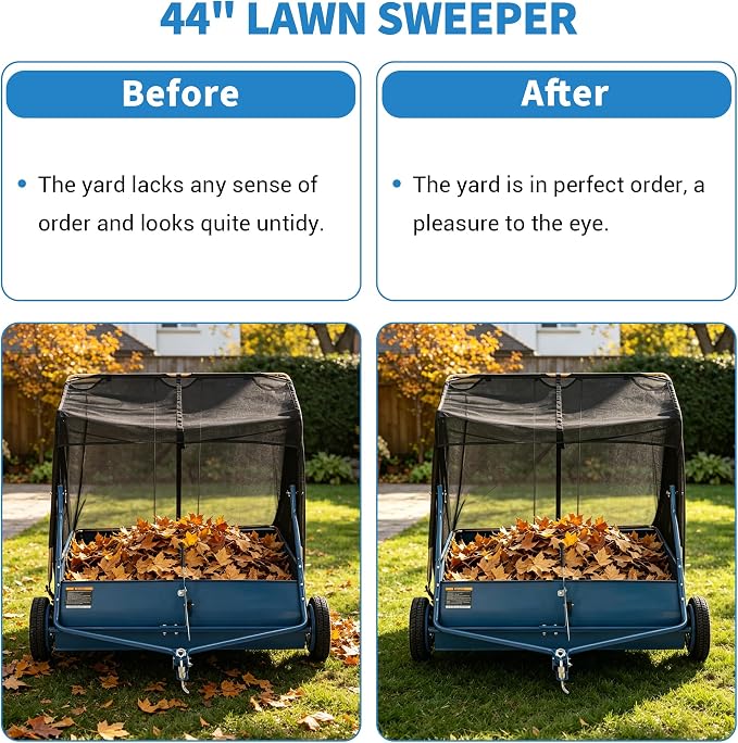 44" Tow Behind Lawn Sweeper, 29 cu. ft Extra-Large Capacity Leaf & Grass Collector-Adjustable Sweeping Height, Dumping Rope Design for Efficient Debris & Grass Cleanup on Yards, Driveways & Sidewalks