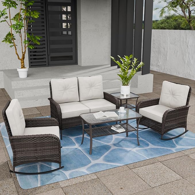 COOS BAY Vintage Courtyard Patio Furniture Set, Wicker Outdoor Furniture, Patio Conversation Sets, 2 Rocking Chairs, Loveseat, Coffee Table and Side Table, 5 Pieces, Gray/Beige