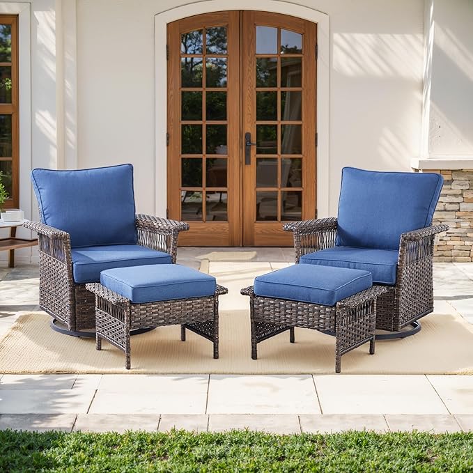Patio Furniture Set 2 Wicker Swivel Glider Chairs with 2 PE Rattan Ottomans Brown Wicker Blue Cushions Patio Conversation Set 4pcs for Garden Balcony Sunroom Backyard