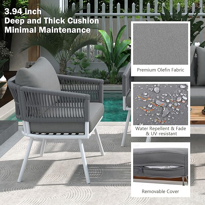4-Piece Boho Rope Patio Furniture Set, Outdoor Furniture with Acacia Wood Table, Patio Conversation Set with Deep Seating & Thick Cushion for Backyard Porch Balcony, Grey