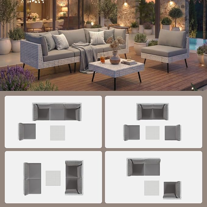 ENSTVER Modern High-End 5-Piece Wicker Patio Furniture Sets，Outdoor Patio Sectional with Thicken Cationic Fabric Cushions & Non-Slip Pad, Convertible Conversation Sets for Garden, Poolside, Backyard