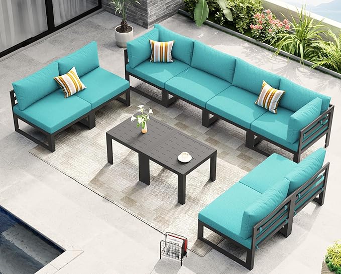 NICESOUL 8 Person Modern Aluminum Patio Furniture Set, 500 lbs Heavy Duty Sturdy Outdoor Sectional Sofa, 29" Deep Wide Large Seating, L Shaped Modular Conversation Couch for Garden Backyard, Turquoise
