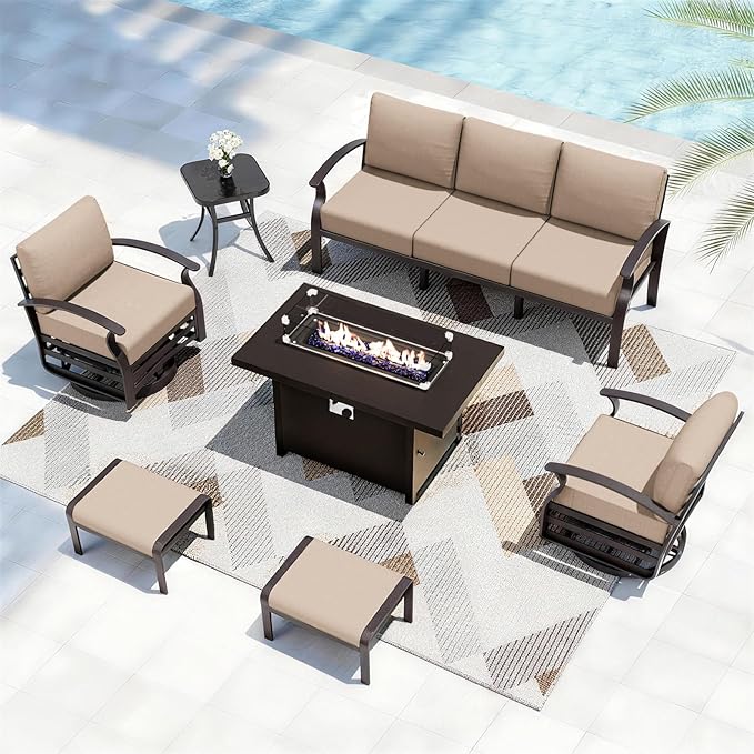 ALAULM Aluminum Patio Furniture Set with Propane Fire Pit Table 7-seat Metal Outdoor Furniture w/Swivel Chairs Patio Sectional Sofas w/2 Ottomans for Porch, Backyard, Poolside-Sand