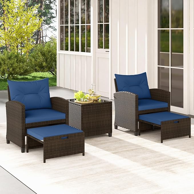 Tangkula 5 Pieces Patio Conversation Set, PE Wicker Rattan Outdoor Furniture Set with 2 Chairs, 2 Ottomans & Tempered Glass Coffee Table, Ideal for Poolside, Backyard, Lawn, Deck, Mix Brown & Navy
