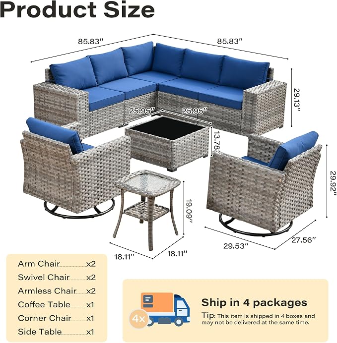9 Pieces Patio Furniture Set, Wicker Outdoor Sectional Sofa with Swivel Chair Comfy Cushions, Modern Modular Deep Seat Rattan Couch Conversation Set for Backyard Porch Yard,Navy Blue