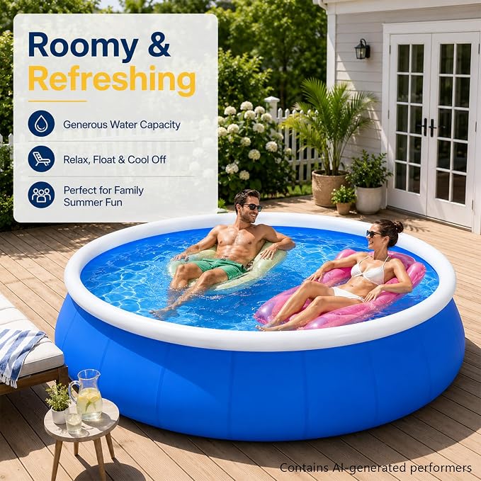 6 FT Inflatable Swimming Pool for Family, Round Blow Up Pool for Adults, Garden/Lawn, Foldable Storage,Strong and Durable, No Assembly