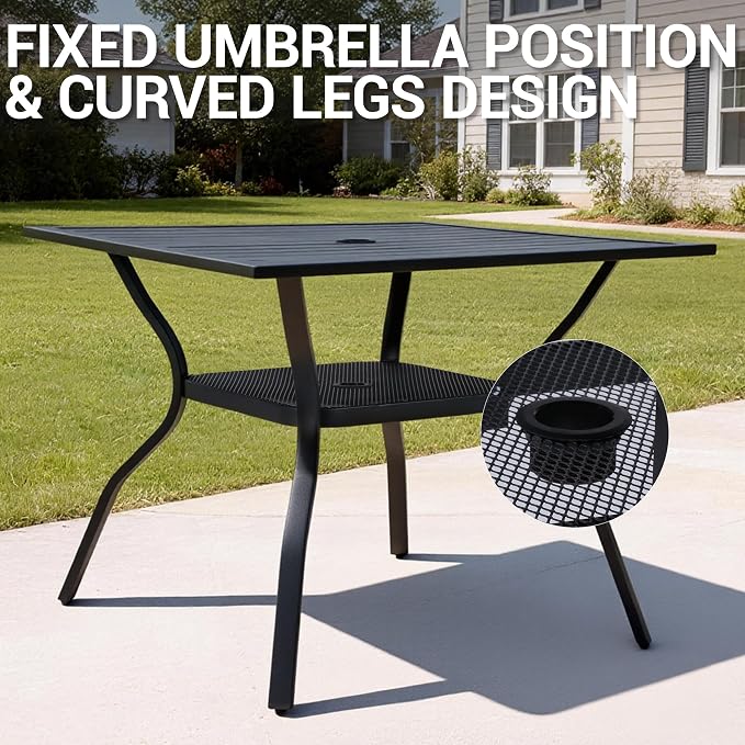 37" Outdoor Dining Table for 4 Person, Metal Rectangular Steel Slat Square Patio Dining Table with Adjustable Umbrella Hole for Garden, Partitioned Storage Rack, Backyard and Porch, Black
