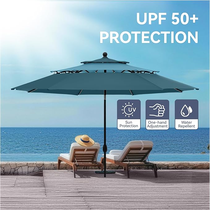 GREEN PARTY 10ft Outdoor Patio Umbrella, [Auto-Tilting] 3 Tiers Market Table Umbrellas with 1.5" Pole, 8 Sturdy Ribs, 3-Year-Non-Fading for Garden Deck Pool Backyard, Blue & Cerulean