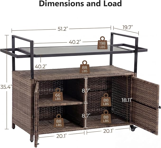 51.2" Wicker Outdoor Bar Cart - Brown Patio Console Storage Table Buffet Cabinet Serving Kitchen Cart with Wheels for Outside Backyard