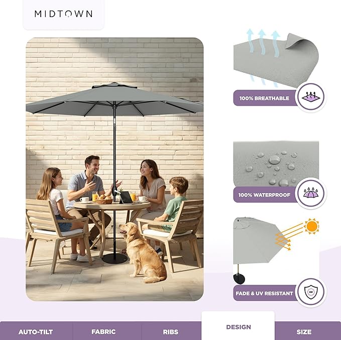 Midtown Umbrellas - 10-Year-No-Fade 10 Ft Patio Umbrella with Terylast Fabric, Auto-Tilt Aluminum Frame and 8 Reinforced Ribs for Deck, Pool, Garden & Beach - Matter Grey Canopy, Black Pole