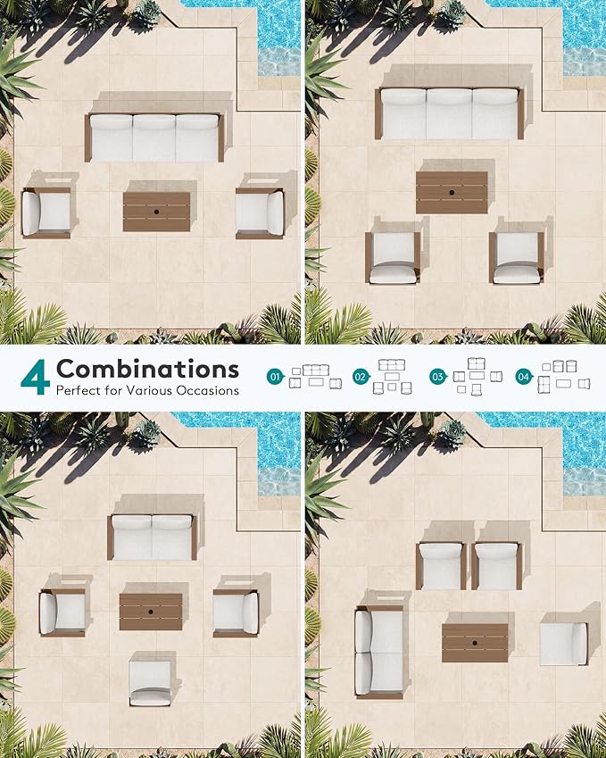 SERWALL HDPE Patio Conversation Set, 6-piece Sectional Outdoor Furniture Set, All Weather Outdoor Couch Set Patio Furniture Set for Deck, Lawn, Grey Frame with Khaki Cushion