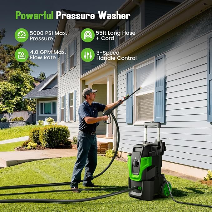 Heavy Duty MAX5000 PSI Pressure Washer, 3-Speed Adjustable Power Washer with 2-Stage Pull Rod, 4 Nozzles, Foam Cannon & 500ml Soap Bottle for Car, Home & Outdoor Cleaning,Green