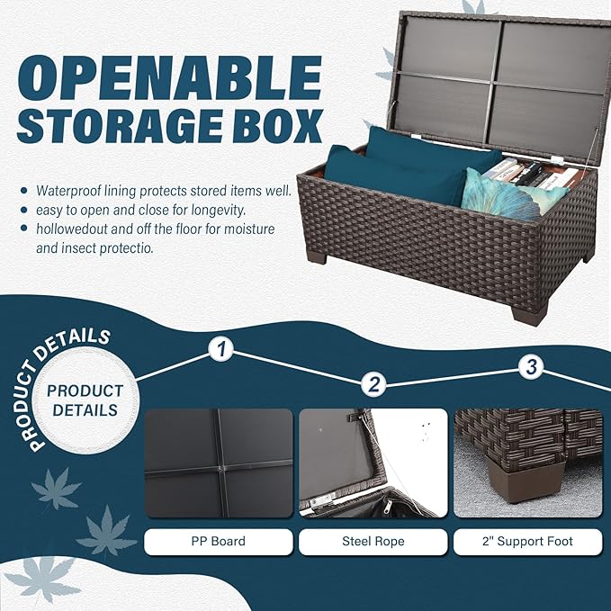 Patio Outdoor Furniture Conversation Sets 6 Pieces Wicker Sofa Set with Outdoor Couch Patio Chairs and Storage Table Non-Slip Cushions Waterproof Covers, Peacock Blue