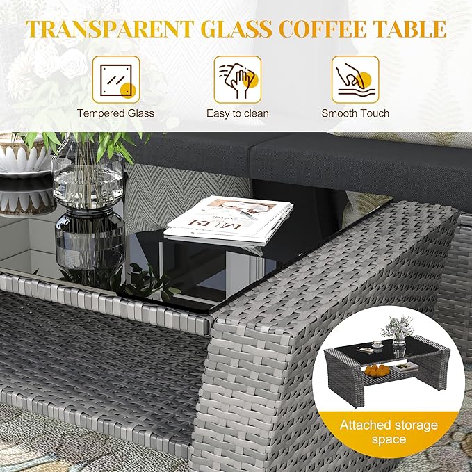 4-Piece Outdoor Patio Furniture Set, All Weather Wicker Rattan Sectional Sofa Conversation Seating Set with Cushions & Large Glass Coffee Table, Ideal for Garden Backyard Porch, Dark Grey