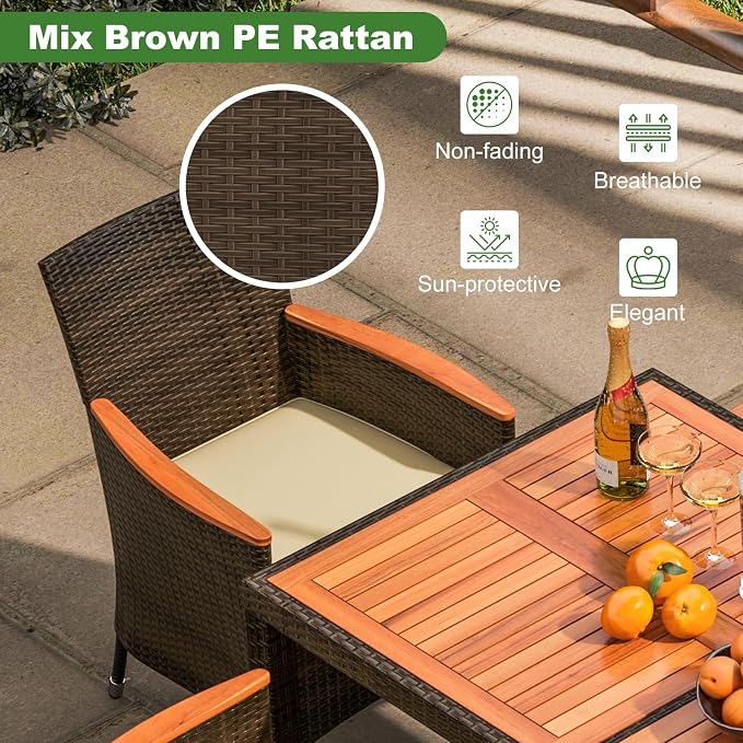 DORTALA Patio Dining Furniture Set for 6, 7 Piece PE Rattan & Acacia Wood Outdoor Table and Chairs with Umbrella Hole, Cushions for Backyard Poolside, 400 Lbs Capacity, Mix Brown