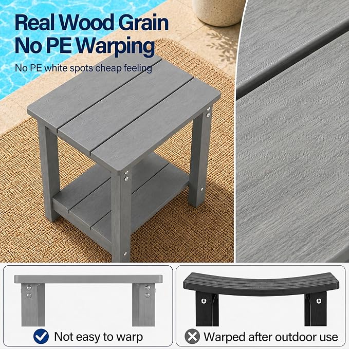 MXIMU Outdoor Side Table Set of 2: Heavy-Duty Sturdy Warp Resistant Adirondack Table - Wood Grain Finish Outdoor End Tables - Easy Assembly & Low Maintenance Patio Side Table Grey