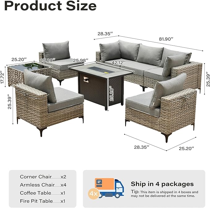8 Pieces Patio Furniture Set with 42" Fire Pit, All-Weather Rattan Outdoor Sectional Conversation Sets L Shaped Sofas with Solar Light Coffee Table for Porch Balcony Backyard Dark Grey