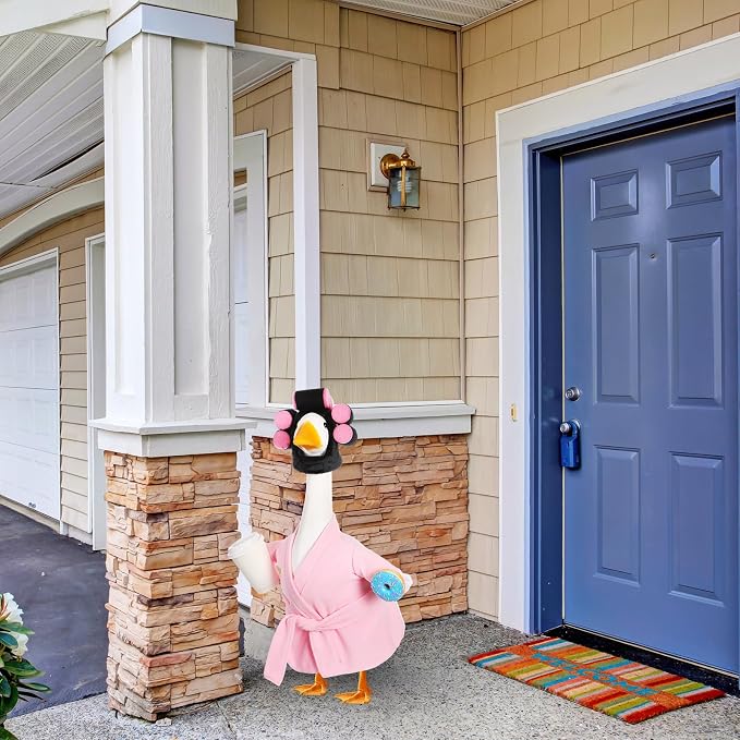 Shyyween Lady Porch Goose Outfits for 23'' Cement Plastic Geese Summer Statue Clothes Pink Bathrobe Coffee Cup Curlers for Outdoor Garden Lawn Yard Patio Decoration
